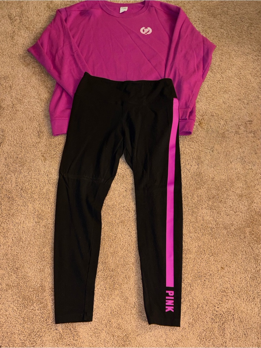 PINK Victoria's Secret women’s Black Leggings with bright purple Accent